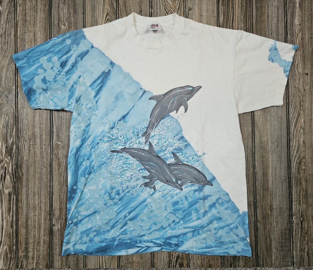 Vintage 90s Tie Dye Dolphin Ocean Nature T-Shirt Adult Large Anvil USA Single